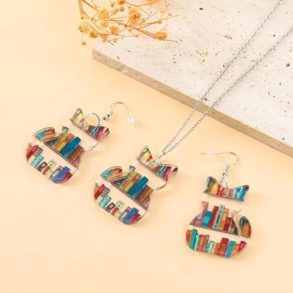 Women’s Jewelry multi-colored Cat Bookshelf Necklace and Dangle Earrings Set!